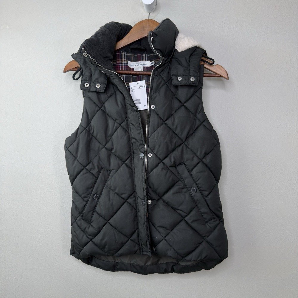 H&M Womans 6 Puffer Vest Warm Winter Faux Leather Sherpa Lumberjack Dark Olive